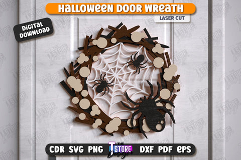 Halloween Door Wreath Laser Cut Bundle, Happy Halloween Sign SVG, Spooky Home Decor, Wooden Wall Hanger, Haunted House SVG, Halloween Door Hanger SVG SVG The T Store Design 
