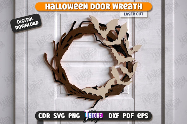 Halloween Door Wreath Laser Cut Design, Happy Halloween Sign SVG, Spooky Home Decor, Wooden Wall Hanger, Haunted House SVG, Halloween Door Hanger SVG SVG The T Store Design 
