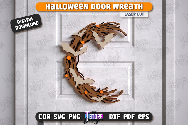 Halloween Door Wreath Laser Cut Design, Happy Halloween Sign SVG, Spooky Home Decor, Wooden Wall Hanger, Haunted House SVG, Halloween Door Hanger SVG SVG The T Store Design 