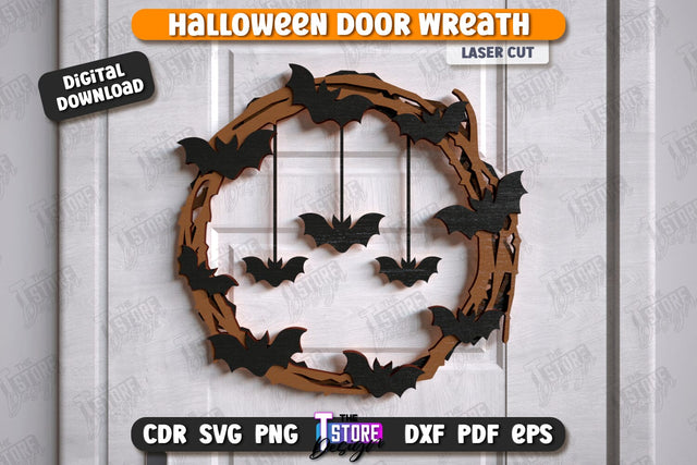 Halloween Door Wreath Laser Cut Design, Happy Halloween Sign SVG, Spooky Home Decor, Wooden Wall Hanger, Haunted House SVG, Halloween Door Hanger SVG SVG The T Store Design 