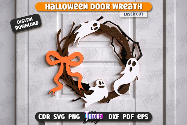 Halloween Door Wreath Laser Cut Design, Happy Halloween Sign SVG, Spooky Home Decor, Wooden Wall Hanger, Haunted House SVG, Halloween Door Hanger SVG SVG The T Store Design 