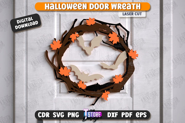 Halloween Door Wreath Laser Cut Design, Happy Halloween Sign SVG, Spooky Home Decor, Wooden Wall Hanger, Haunted House SVG, Halloween Door Hanger SVG SVG The T Store Design 