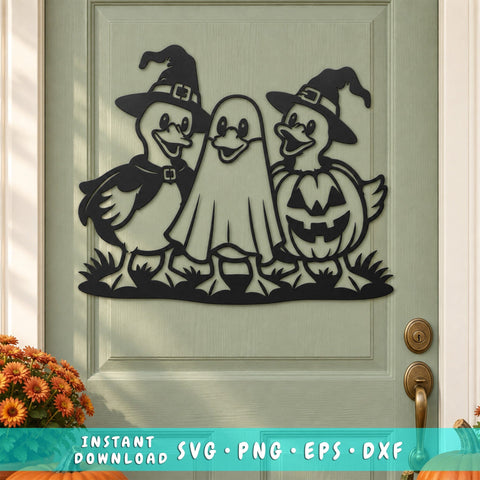 Halloween Duck Trio Laser SVG | Witch Duck Ghost DXF | Halloween Door Hanger Svg | Plasma CNC Metal Art | Spooky Fall Decor SVG HappyDesignStudio 