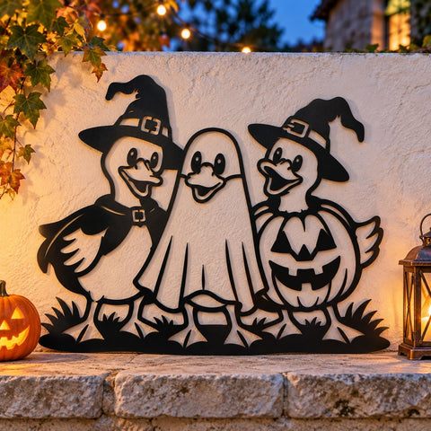 Halloween Duck Trio Laser SVG | Witch Duck Ghost DXF | Halloween Door Hanger Svg | Plasma CNC Metal Art | Spooky Fall Decor SVG HappyDesignStudio 