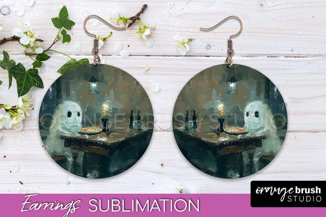 Halloween Earrings - Cute Ghost Round Earring Sublimation Sublimation OrangeBrushStudio 