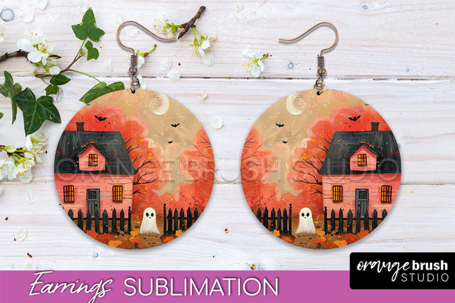Halloween Earrings - Cute Ghost Round Earring Sublimation Sublimation OrangeBrushStudio 
