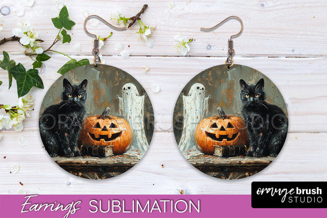 Halloween Earrings - Cute Ghost Round Earring Sublimation Sublimation OrangeBrushStudio 