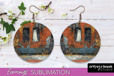 Halloween Earrings - Cute Ghost Round Earring Sublimation Sublimation OrangeBrushStudio 