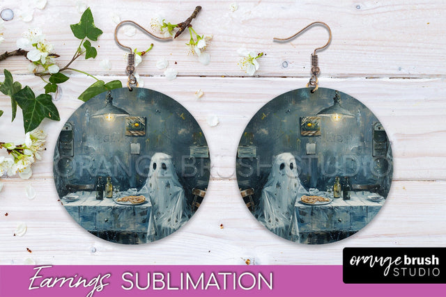 Halloween Earrings - Cute Ghost Round Earring Sublimation Sublimation OrangeBrushStudio 