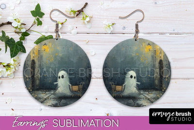 Halloween Earrings - Cute Ghost Round Earring Sublimation Sublimation OrangeBrushStudio 