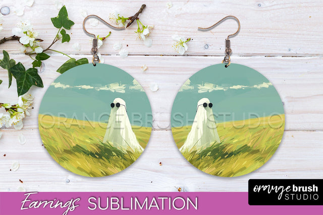 Halloween Earrings - Cute Ghost Round Earring Sublimation Sublimation OrangeBrushStudio 