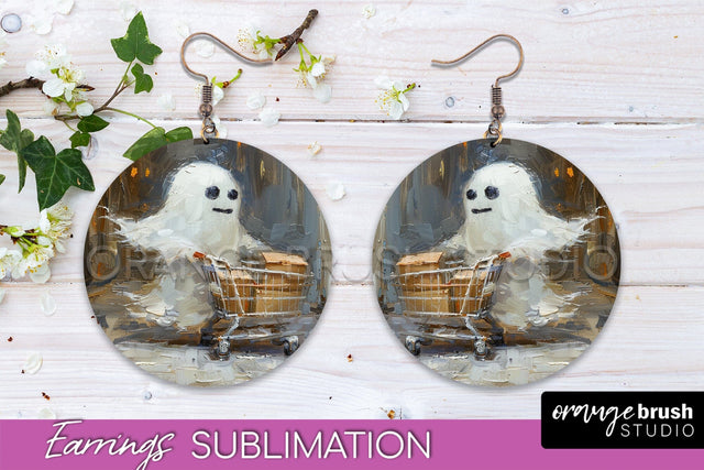 Halloween Earrings - Cute Ghost Round Earring Sublimation Sublimation OrangeBrushStudio 