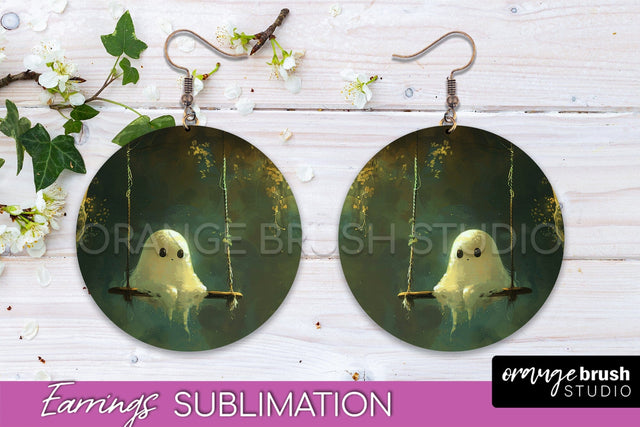 Halloween Earrings - Cute Ghost Round Earring Sublimation Sublimation OrangeBrushStudio 