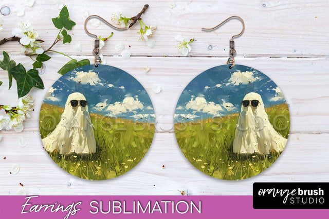Halloween Earrings - Cute Ghost Round Earring Sublimation Sublimation OrangeBrushStudio 