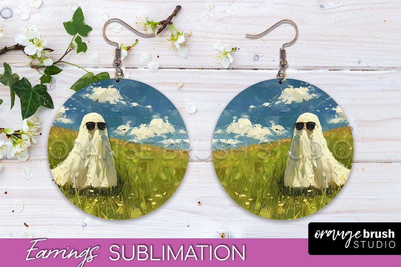 Halloween Earrings - Cute Ghost Round Earring Sublimation Sublimation OrangeBrushStudio 