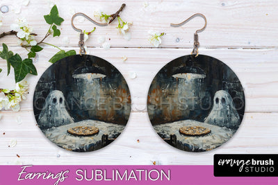 Halloween Earrings - Cute Ghost Round Earring Sublimation Sublimation OrangeBrushStudio 