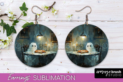 Halloween Earrings - Cute Ghost Round Earring Sublimation Sublimation OrangeBrushStudio 