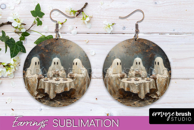 Halloween Earrings - Cute Ghost Round Earring Sublimation Sublimation OrangeBrushStudio 