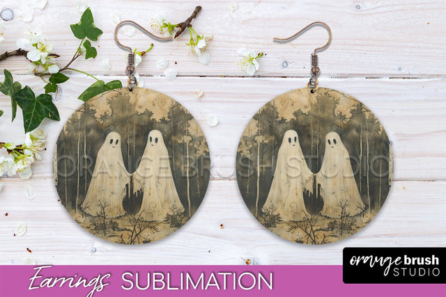Halloween Earrings - Cute Ghost Round Earring Sublimation Sublimation OrangeBrushStudio 