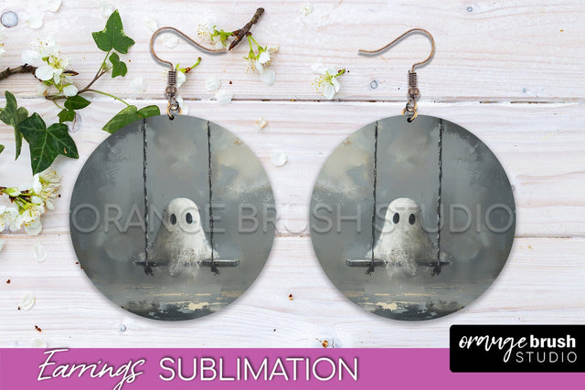 Halloween Earrings - Cute Ghost Round Earring Sublimation Sublimation OrangeBrushStudio 