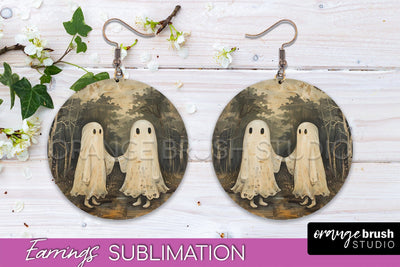Halloween Earrings - Cute Ghost Round Earring Sublimation Sublimation OrangeBrushStudio 