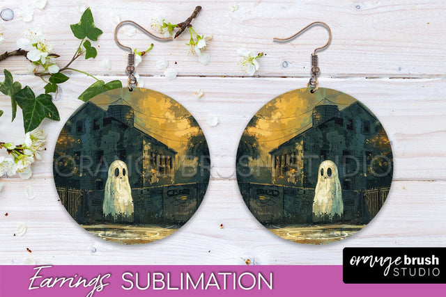 Halloween Earrings - Cute Ghost Round Earring Sublimation Sublimation OrangeBrushStudio 
