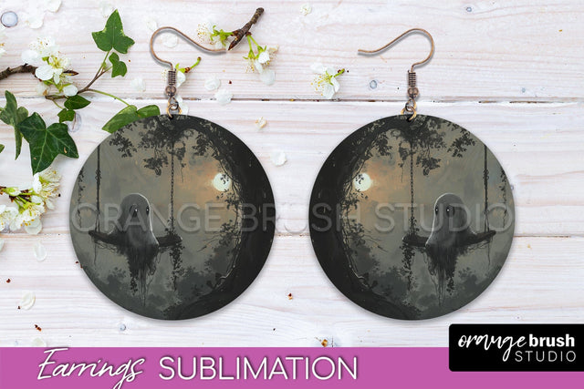 Halloween Earrings - Cute Ghost Round Earring Sublimation Sublimation OrangeBrushStudio 