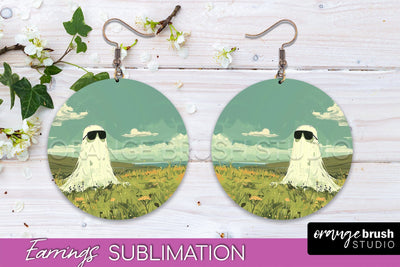 Halloween Earrings - Cute Ghost Round Earring Sublimation Sublimation OrangeBrushStudio 