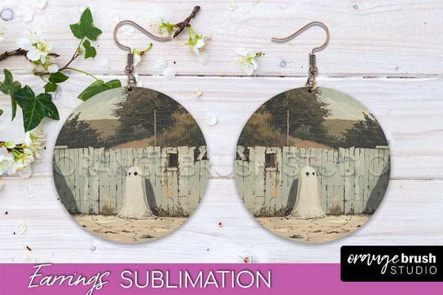 Halloween Earrings - Cute Ghost Round Earring Sublimation Sublimation OrangeBrushStudio 