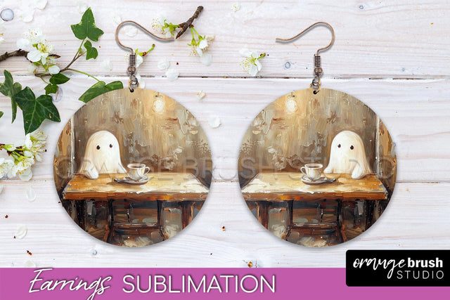Halloween Earrings - Cute Ghost Round Earring Sublimation Sublimation OrangeBrushStudio 
