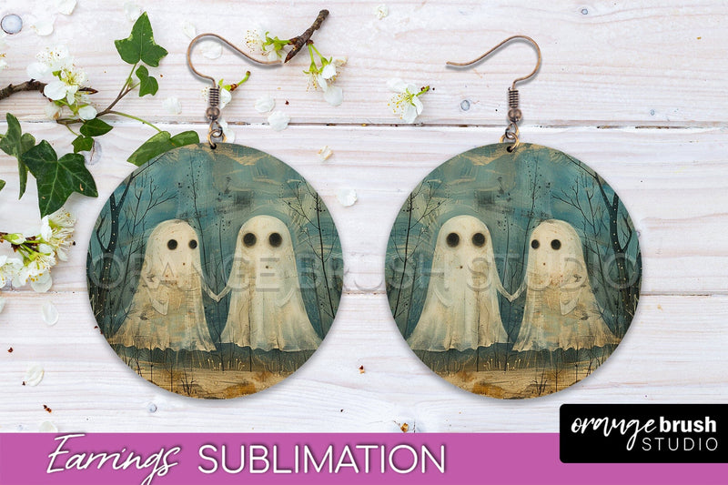 Halloween Earrings - Cute Ghost Round Earring Sublimation Sublimation OrangeBrushStudio 