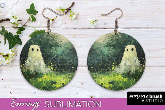 Halloween Earrings - Cute Ghost Round Earring Sublimation Sublimation OrangeBrushStudio 