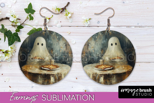 Halloween Earrings - Cute Ghost Round Earring Sublimation Sublimation OrangeBrushStudio 