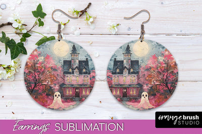 Halloween Earrings - Cute Ghost Round Earring Sublimation Sublimation OrangeBrushStudio 