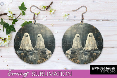 Halloween Earrings - Cute Ghost Round Earring Sublimation Sublimation OrangeBrushStudio 