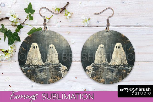 Halloween Earrings - Cute Ghost Round Earring Sublimation Sublimation OrangeBrushStudio 