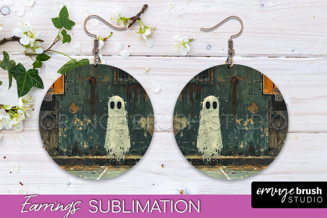 Halloween Earrings - Cute Ghost Round Earring Sublimation Sublimation OrangeBrushStudio 