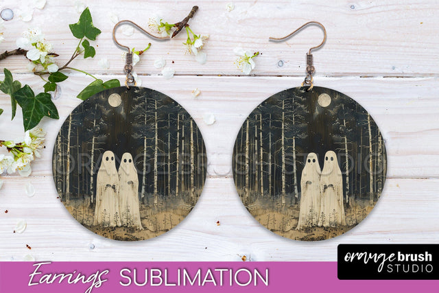 Halloween Earrings - Cute Ghost Round Earring Sublimation Sublimation OrangeBrushStudio 