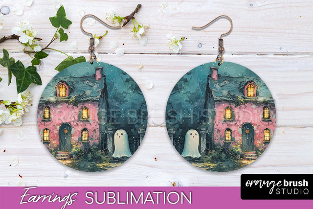 Halloween Earrings - Cute Ghost Round Earring Sublimation Sublimation OrangeBrushStudio 