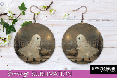 Halloween Earrings - Cute Ghost Round Earring Sublimation Sublimation OrangeBrushStudio 