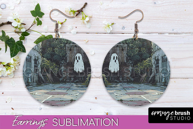 Halloween Earrings - Cute Ghost Round Earring Sublimation Sublimation OrangeBrushStudio 