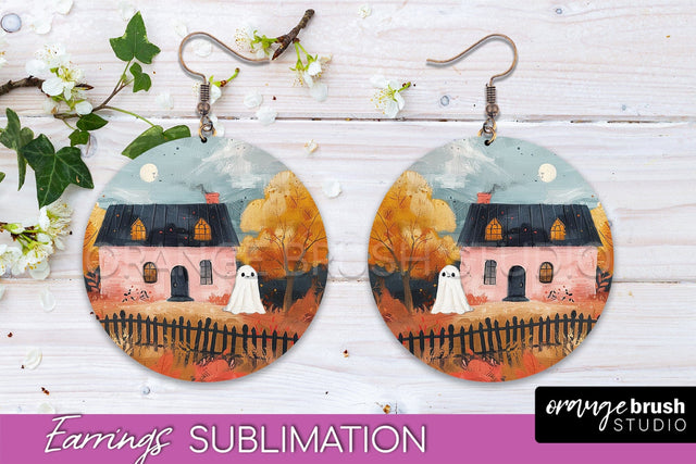 Halloween Earrings - Cute Ghost Round Earring Sublimation Sublimation OrangeBrushStudio 