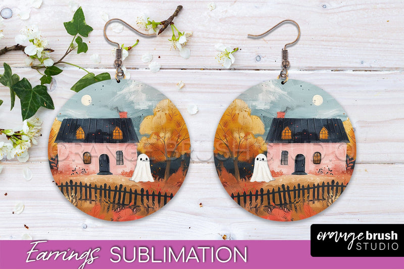 Halloween Earrings - Cute Ghost Round Earring Sublimation Sublimation OrangeBrushStudio 
