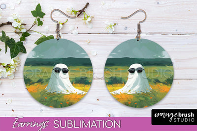 Halloween Earrings - Cute Ghost Round Earring Sublimation Sublimation OrangeBrushStudio 