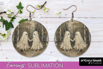 Halloween Earrings - Cute Ghost Round Earring Sublimation Sublimation OrangeBrushStudio 