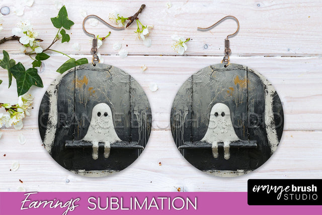 Halloween Earrings - Cute Ghost Round Earring Sublimation Sublimation OrangeBrushStudio 