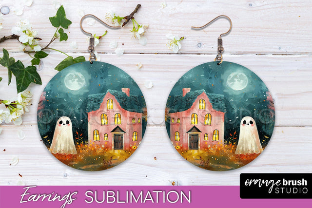 Halloween Earrings - Cute Ghost Round Earring Sublimation Sublimation OrangeBrushStudio 