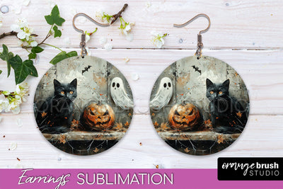 Halloween Earrings - Cute Ghost Round Earring Sublimation Sublimation OrangeBrushStudio 