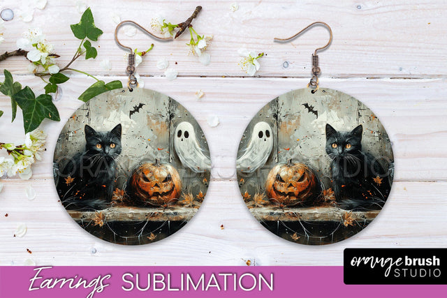 Halloween Earrings - Cute Ghost Round Earring Sublimation Sublimation OrangeBrushStudio 