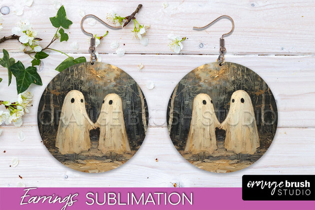 Halloween Earrings - Cute Ghost Round Earring Sublimation Sublimation OrangeBrushStudio 